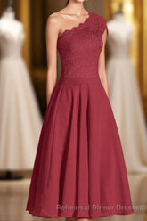 One-Shoulder Burgundy Lace A-Line Short Bridesmaid Dress
